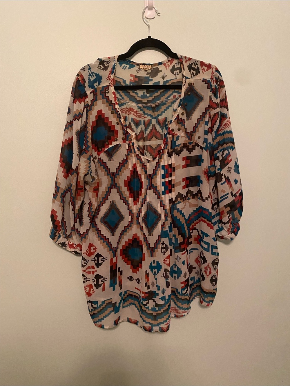 Aztec-Print Peasant Tunic in Cream, Teal & Rust